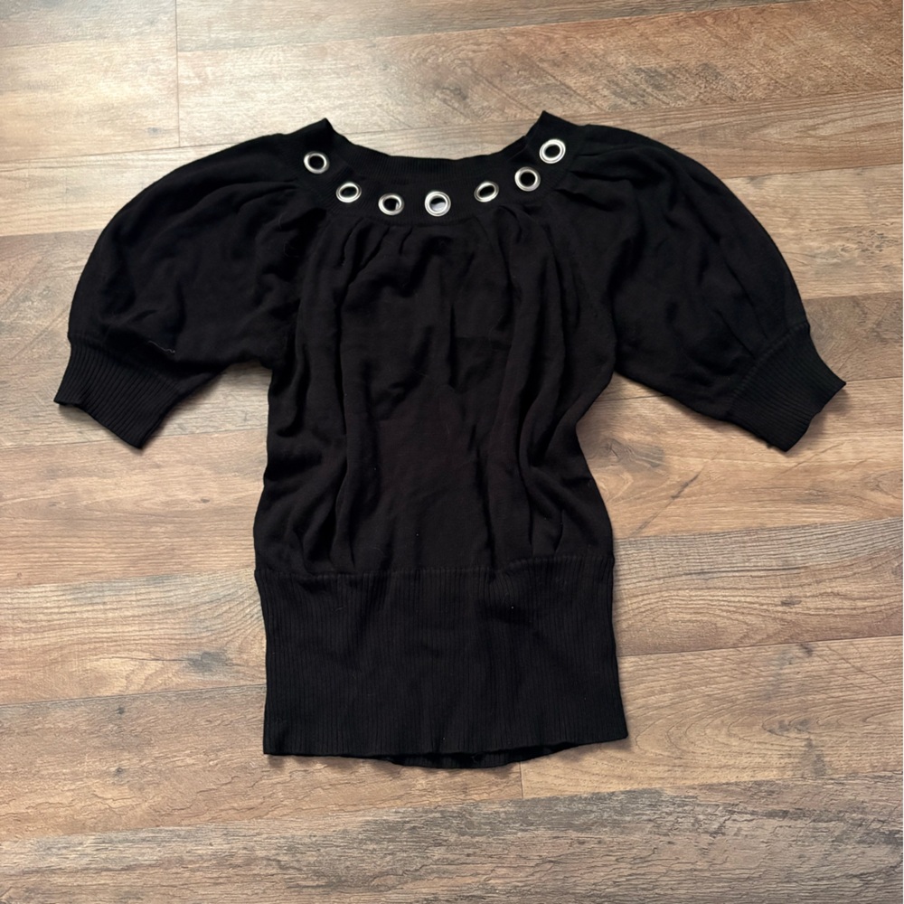 NY Collection Black Knit Top with Grommet Accents
